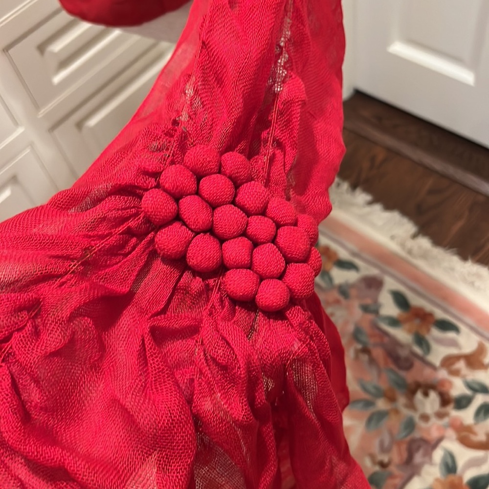 BRAND NEW SHEER RED ACRYLIC SHAWL SHIRRED AND WITH UNUSUAL GRAPE CLUSTER TRIM - Picture 5 of 6